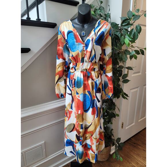 PrettyGarden Dress Womens XL Multicolor Long Sleeve V Neck Midi Casual Polyester - Picture 1 of 15